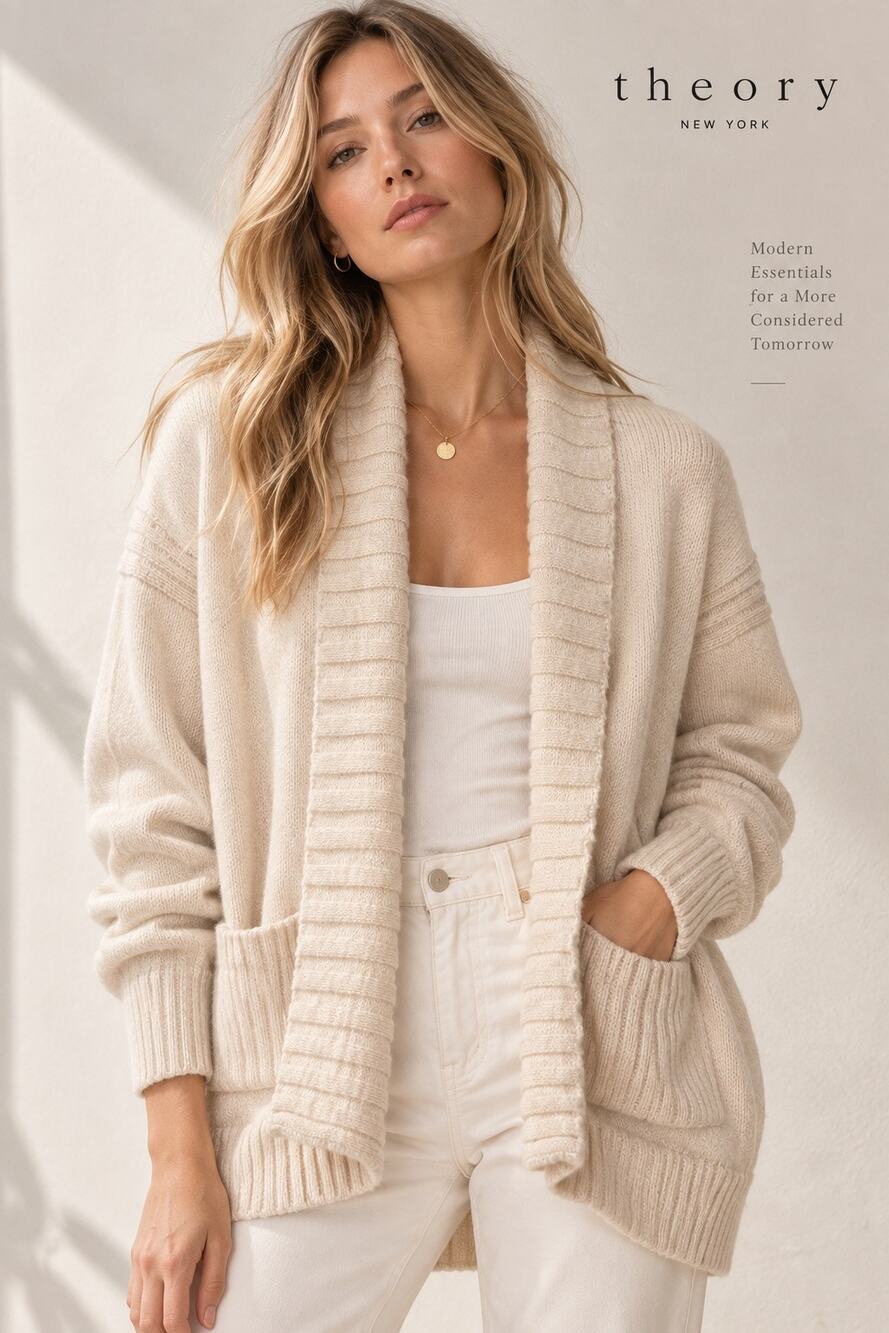 Theory Ileana Chunky Wayra Baby Alpaca Silk Cardigan P/TP Ivory Quiet Luxury